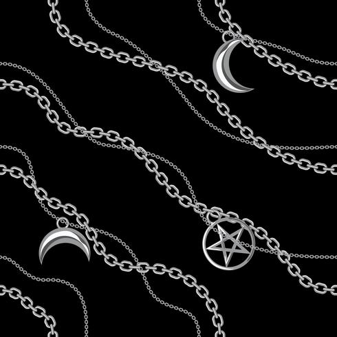 Seamless mönster bakgrund med pentagram och månhängen på silver metallkedja. På svart. Vektor illustration