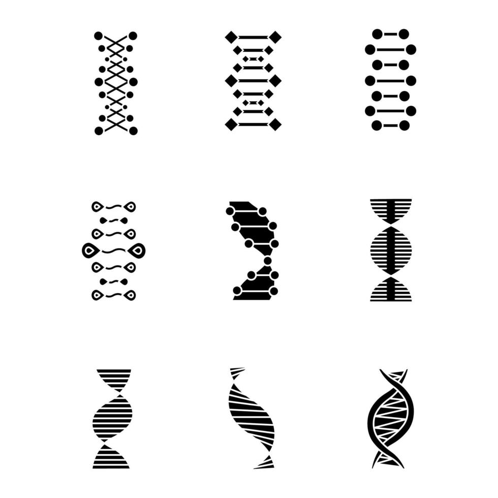 DNA-Doppelhelix-Glyphe-Symbole gesetzt. Desoxyribonukleinsäure, Nukleinsäurestruktur. Chromosom. Molekularbiologie. genetischer Code. Genom. Genetik. Medizin. Silhouette-Symbole. isolierte Vektorgrafik vektor