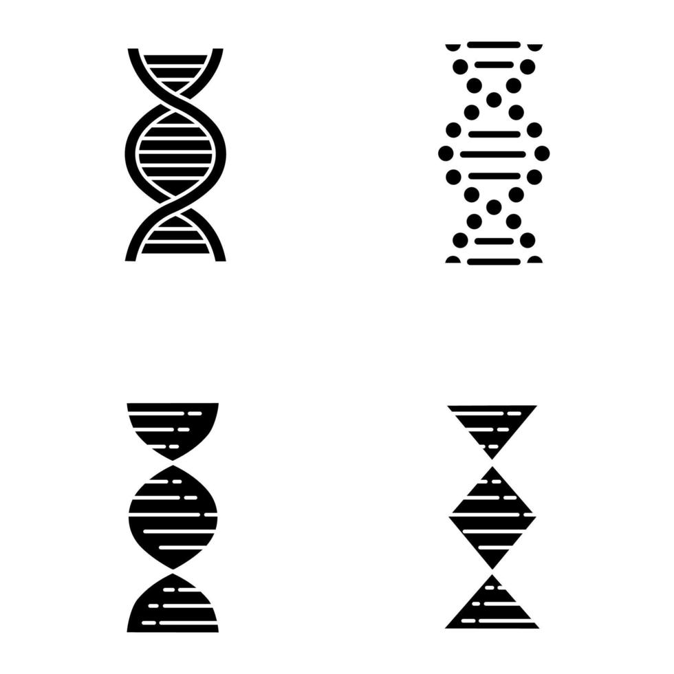 dna spiral trådar glyf ikoner set. deoxiribonuklein, nukleinsyrahelix. spiralformade trådar. kromosom. molekylärbiologi. genetisk kod. genetik. siluett symboler. vektor isolerade illustration