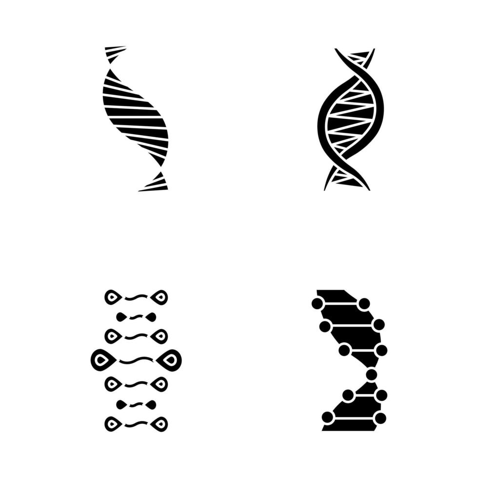 DNA-Stränge Glyphe Icons Set. Desoxyribonukleinsäure, Nukleinsäurehelix. spiralförmige Stränge. Chromosom. Molekularbiologie. genetischer Code. Genom. Genetik. Silhouette-Symbole. isolierte Vektorgrafik vektor