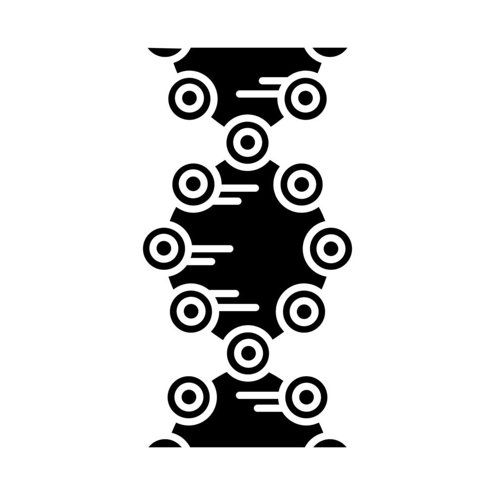 DNA-strängar glyfikon. sammankopplade cirklar, linjer. deoxiribonuklein, nukleinsyrahelix. kromosom. molekylärbiologi. genetisk kod. siluett symbol. negativt utrymme. vektor isolerade illustration