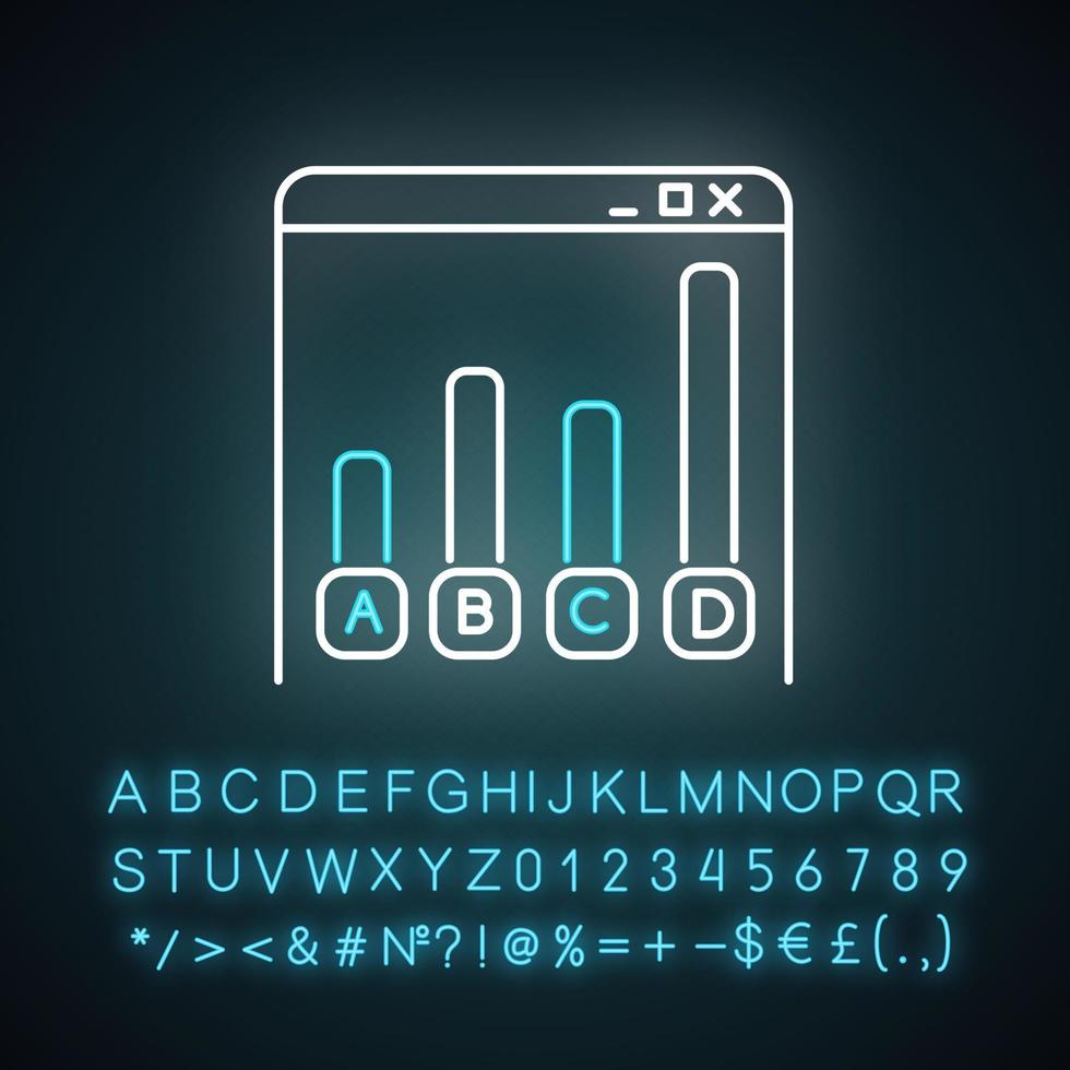 Online-Umfrage Neonlicht-Symbol. statistische Analyse. Web-Chart. Internet-Grafik. Info-Sammlung. digitaler Fragebogen. leuchtendes Schild mit Alphabet, Zahlen und Symbolen. isolierte Vektorgrafik vektor