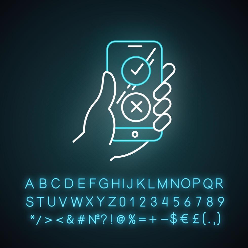 Online-Umfrage Neonlicht-Symbol. Checklisten-Schaltflächen auf dem Smartphone-Bildschirm. Option zustimmen und nicht zustimmen. Meinung teilen. leuchtendes Schild mit Alphabet, Zahlen und Symbolen. isolierte Vektorgrafik vektor