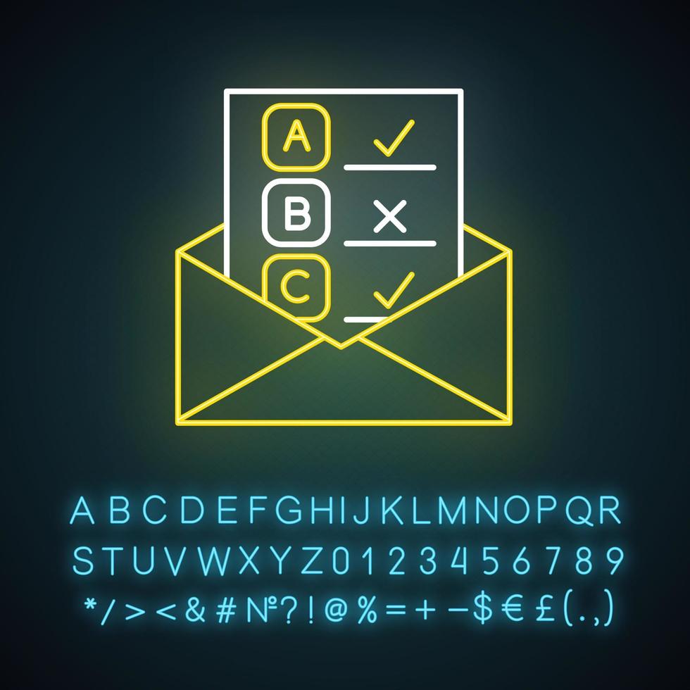 E-Mail-Umfrage-Neonlicht-Symbol. öffentliche Meinung. Forschung. Verbraucherbewertung. Kundenzufriedenheit. Rückmeldung. Auswertung. leuchtendes Schild mit Alphabet, Zahlen und Symbolen. isolierte Vektorgrafik vektor