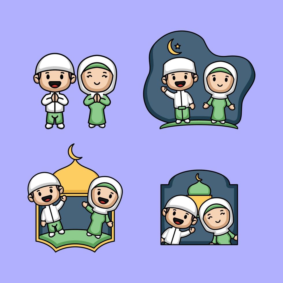 uppsättning söta muslimska barn i ramadhan kareem kortdesign vektor