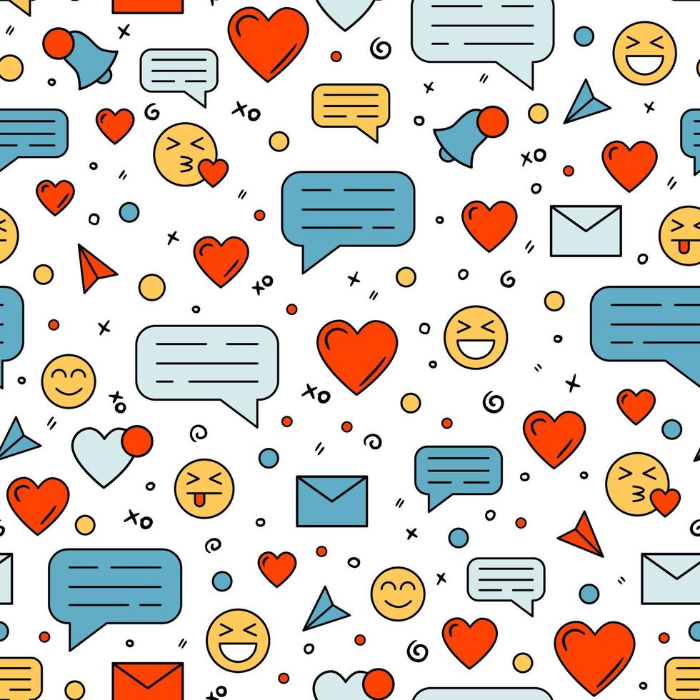 soziale Netzwerke und Dating-Apps Vektor nahtloses Muster mit Nachrichtensymbolen, Emoticons und Herzen.