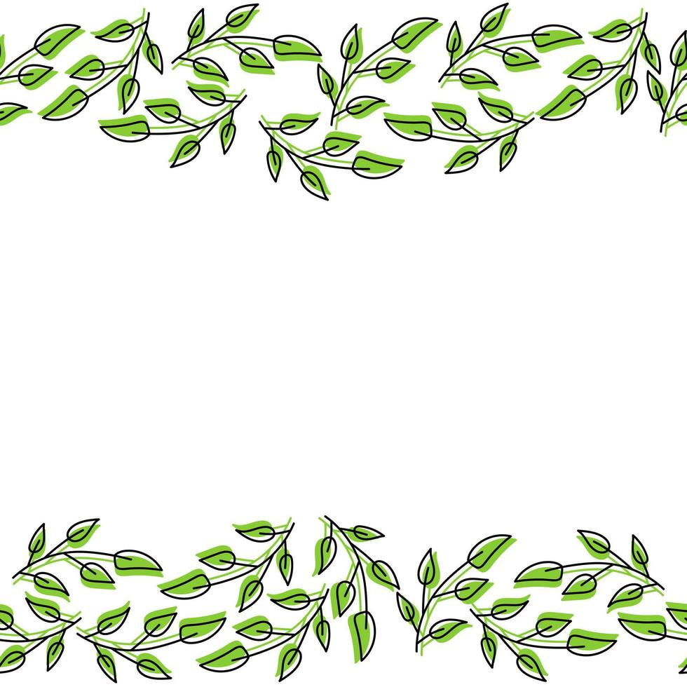doodle lövkontur horisontella kanter med grön siluett, avdelare eller dekorativt element för design av inbjudningar, kort etc. vektor