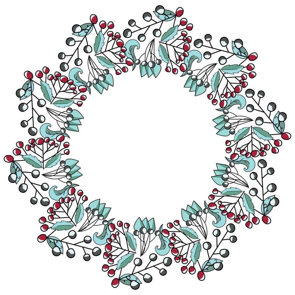 ein Kranz aus Zweigen mit Beeren und graugrünen Blättern, grüne und rote Beeren in einem runden Mandala, Pflanzenelemente in einem dekorativen Rahmen vektor