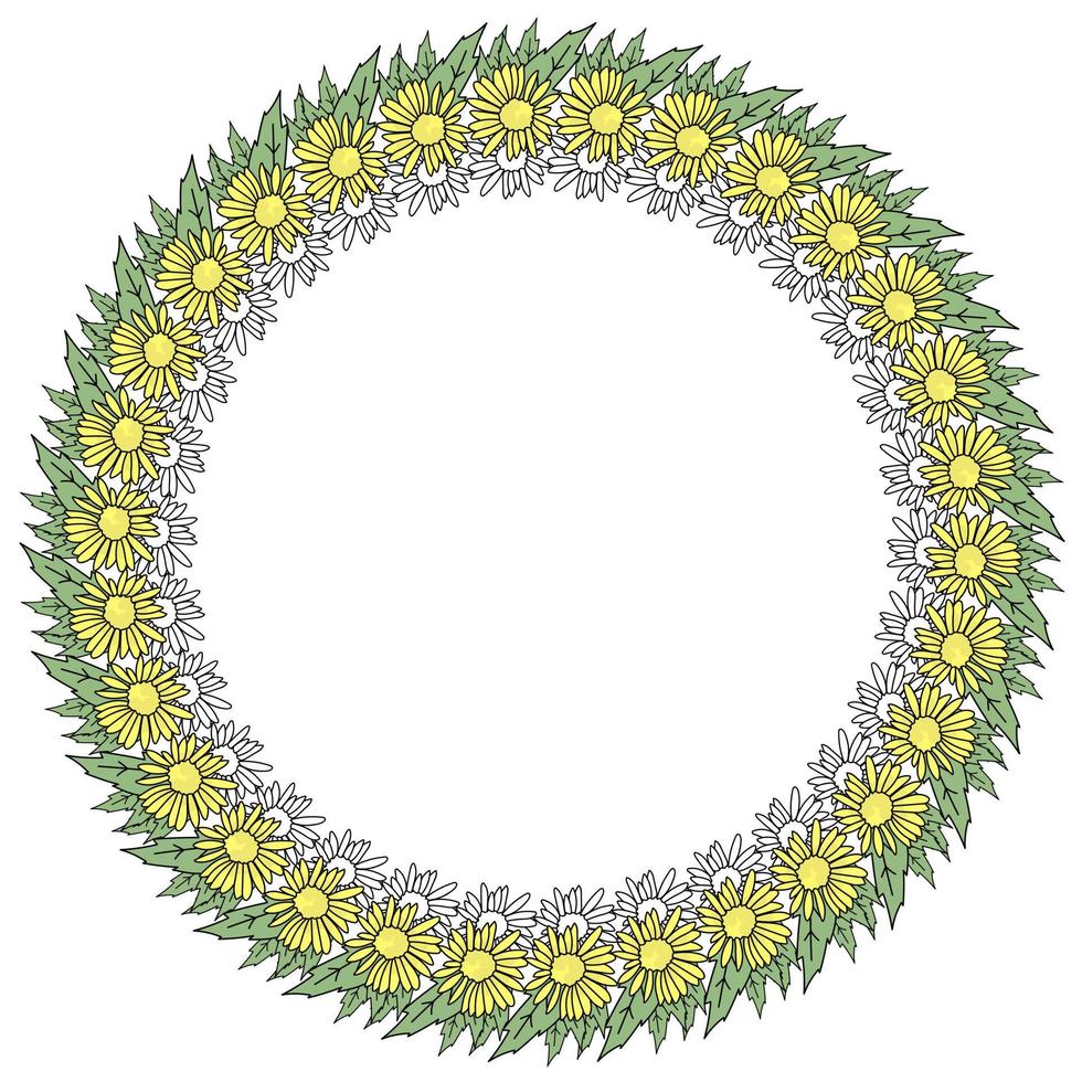 ein Kranz aus einfachen gelben Blüten mit kleinen Blütenblättern und grünen Blättern, ein runder Rahmen aus Konturblumen vektor