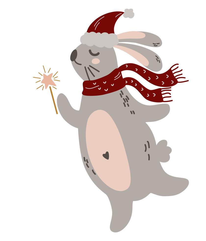 Hase in Neujahrskleidung. Mütze und Schal. süßes winterkaninchen in kuscheliger kleidung. Winterurlaub, Babyparty, Geburtstag, Kinderparty. Hand zeichnen Vektor-Illustration. vektor