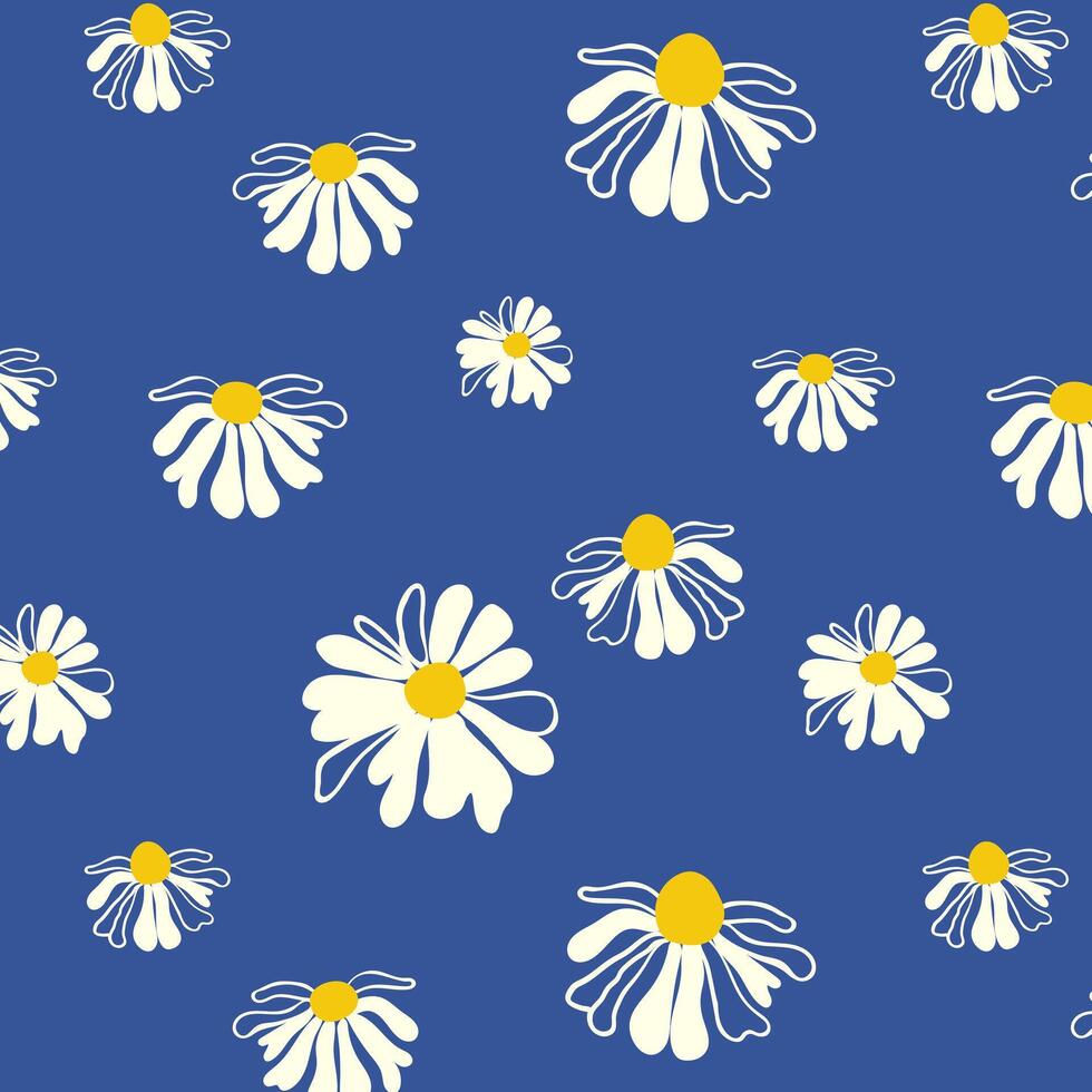 sommar daisy bakgrund blå sömlös mönster vår vit äng blommor prydnad mall förpackning tapet chintz batist muslin vektor
