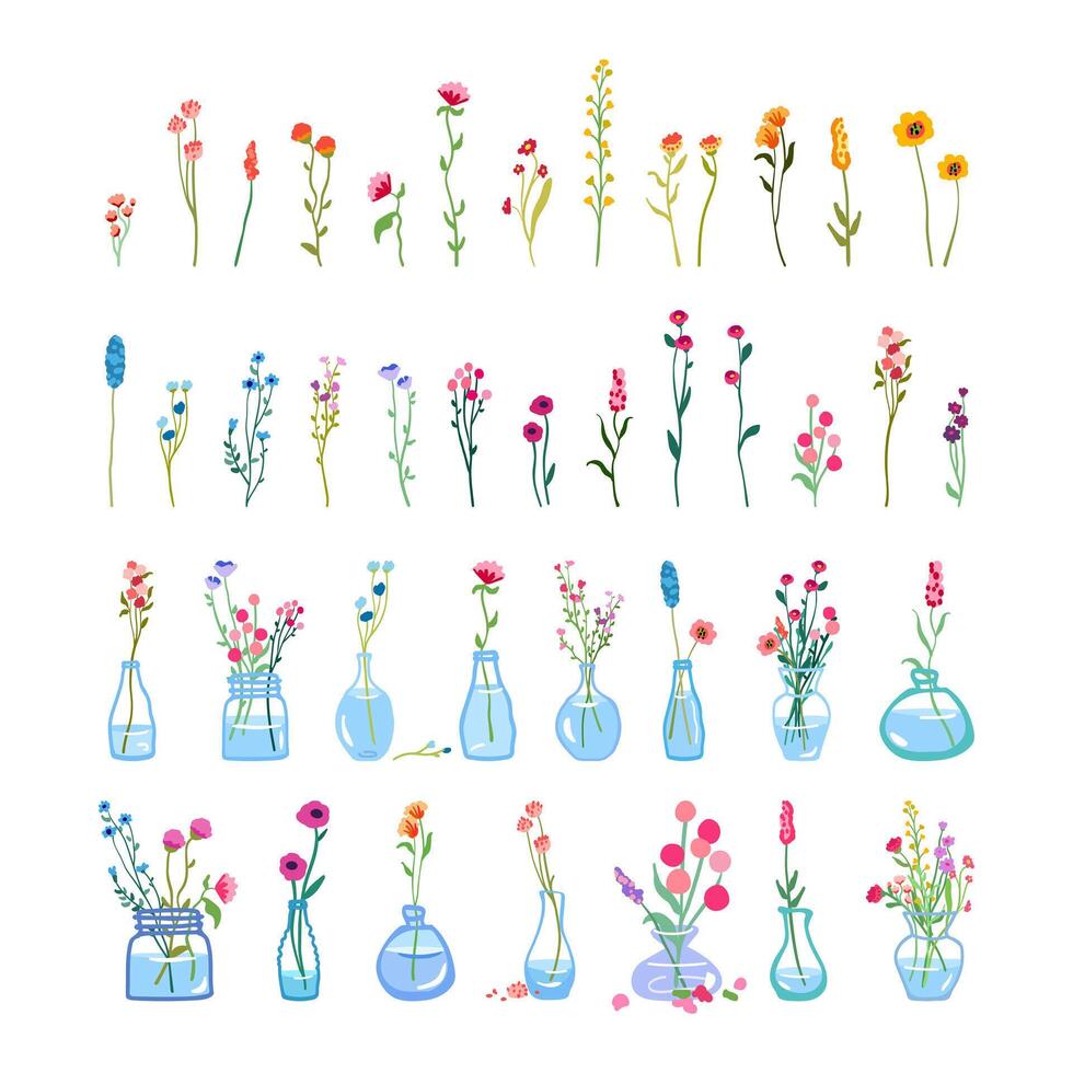 groß einstellen von zart anmutig Wildblumen Glas Vase hoch Stängel Laub einfach Blumen- Elemente wild Pflanzen isoliert Weiß Hintergrund eben Illustration vektor