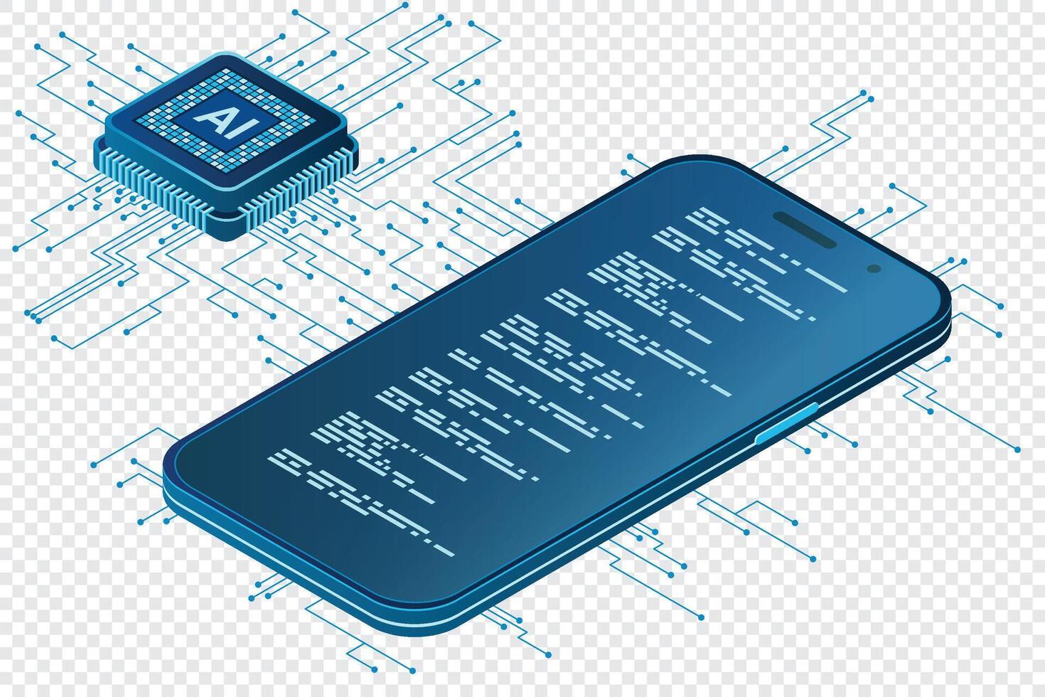 isometrisk smartphone med ai. artificiell intelligens och smartphone begrepp. smartphone med trogen artificiell intelligens processor vektor