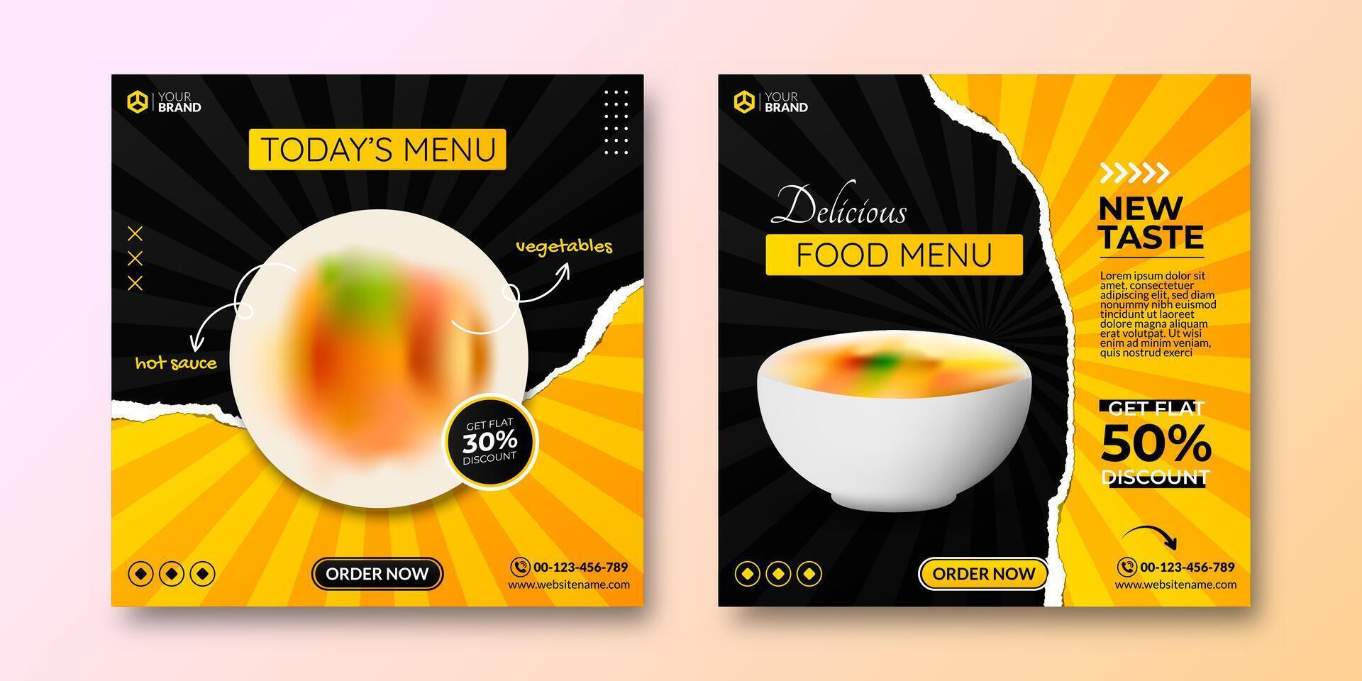 mat social media posta mall med trasig papper effekt. digital baner för restaurang uppkopplad marknadsföring. attrapp av mat och dryck innehåll meny lista på svart och gul bakgrund vektor