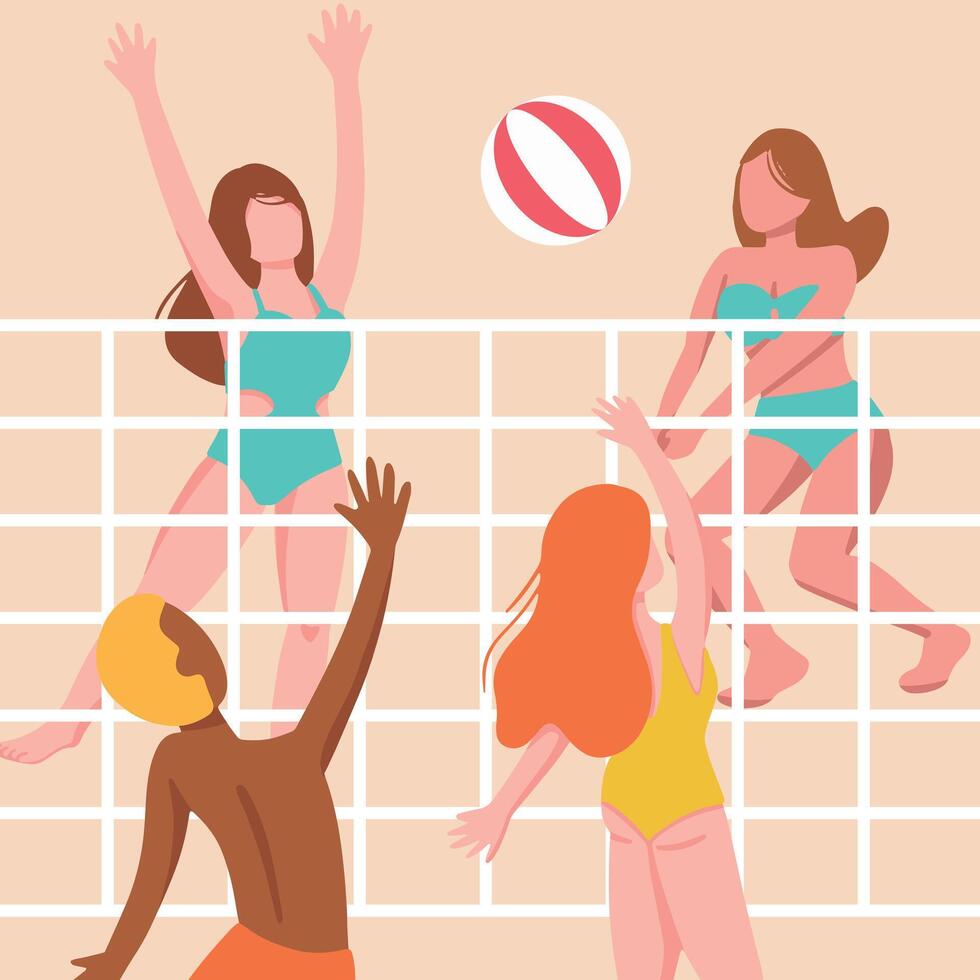 Lycklig tecknad serie människor spelar strand volleyboll på sand i sommar. spelare i baddräkter kasta boll genom netto. sommar aktiviteter. illustration av strand volley isolerat på vit bakgrund vektor