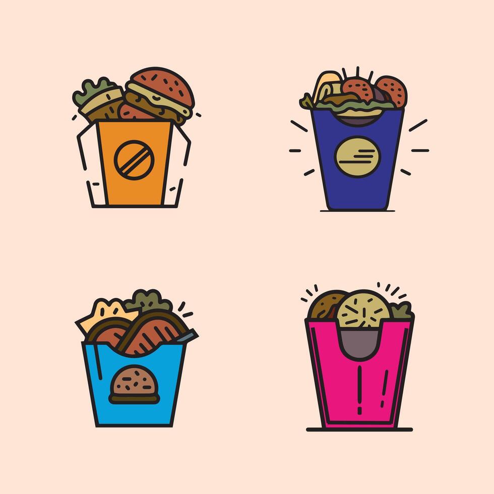 en uppsättning av fyra mat ikoner, Inklusive en hamburgare, en varm hund, en smörgås vektor