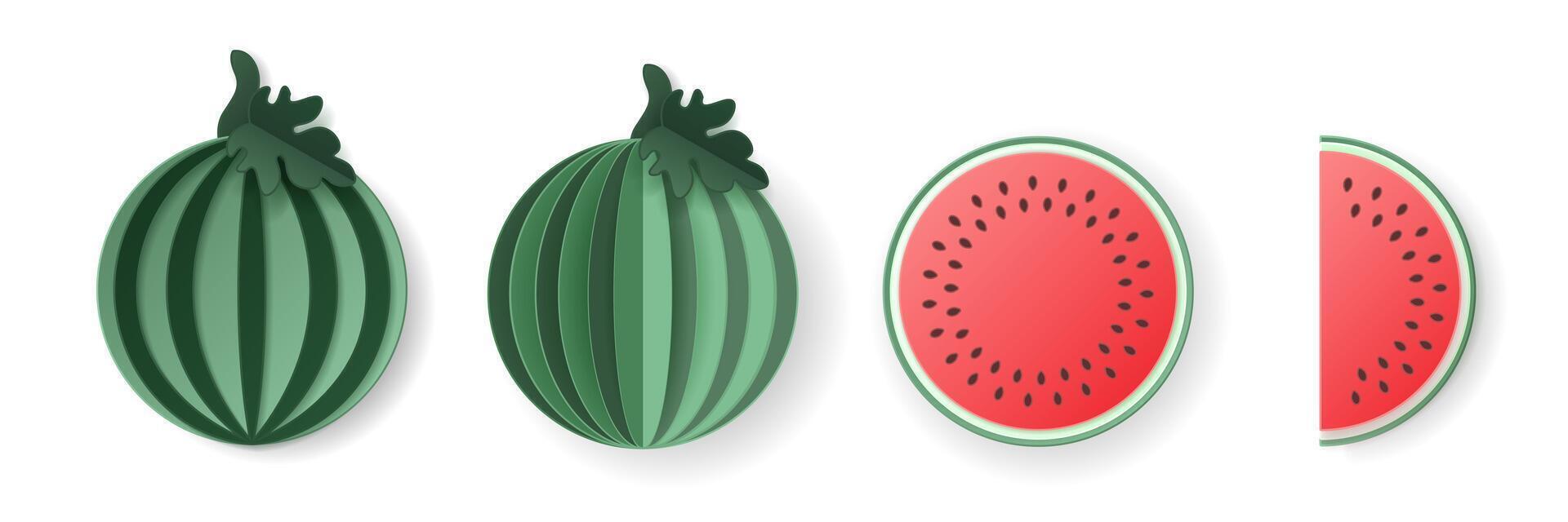 einstellen von 3d Papierschnitt Wassermelone geschnitten ausgeschnitten Beere Frucht. Sommer- geschichtet Früchte. saftig Essen Elemente zum Restaurant, Essen, Getränke, Riegel, Rezepte, Sommer, Süßigkeiten, vegan, Sozial Medien, Präsentation desig vektor