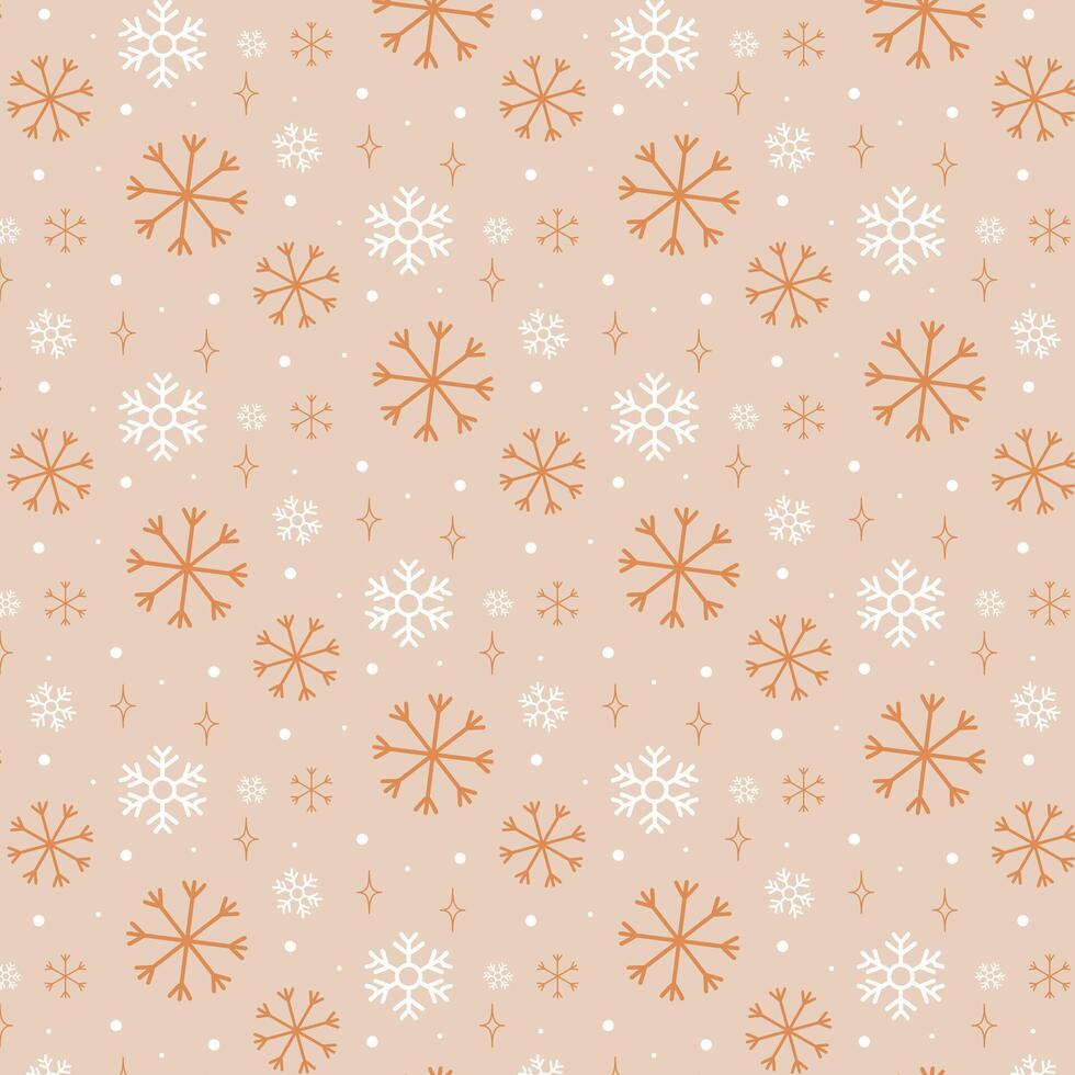 Weihnachten Schneeflocken nahtlos Muster. Weiß und golden Schneeflocken auf Beige Hintergrund. schön modern Winter Urlaub Design. vektor