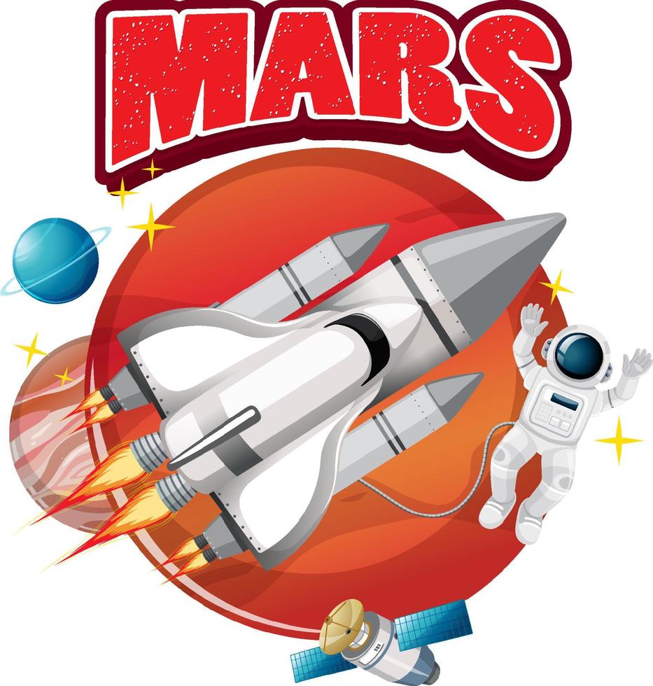 Mars-Wort-Logo mit Raumschiff und Astronaut vektor