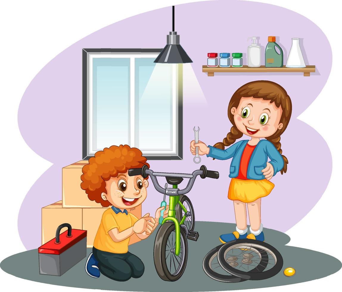 barn som fixar en cykel tillsammans vektor