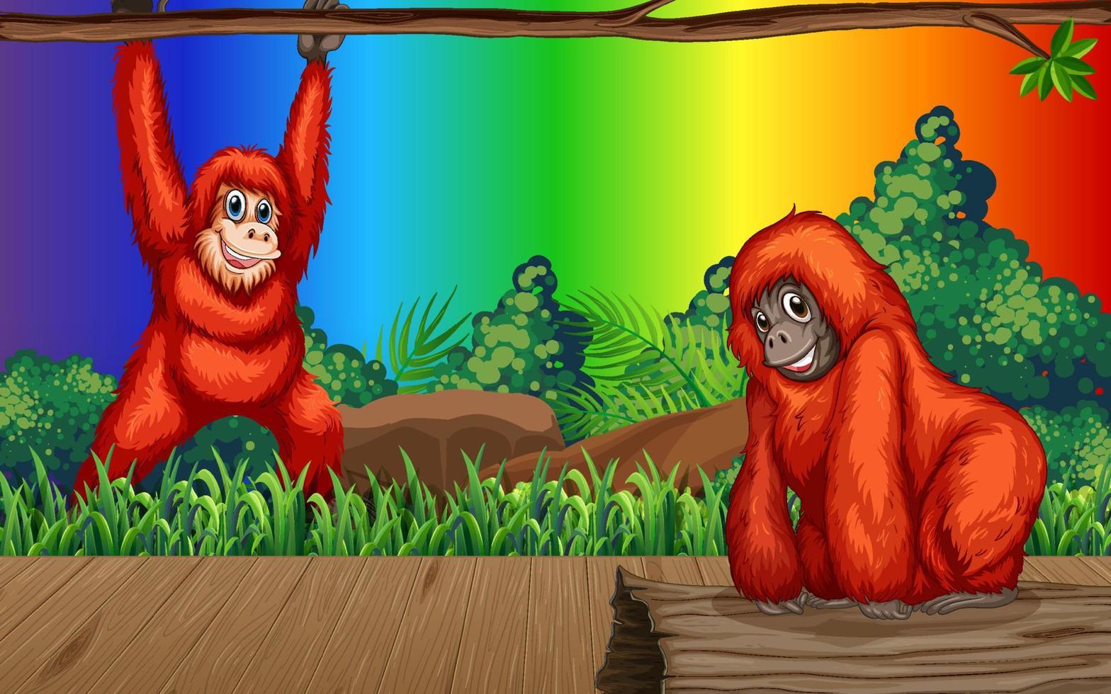 Orang-Utan-Cartoon-Figur im Wald auf Gradientenregenbogenhintergrund vektor