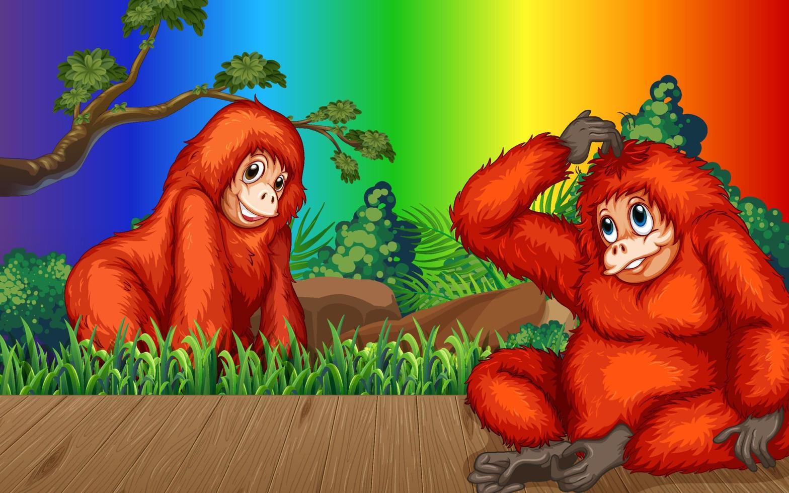 Orang-Utan-Cartoon-Figur im Wald auf Gradientenregenbogenhintergrund vektor
