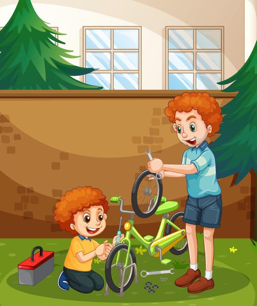 Papa und Sohn reparieren gemeinsam ein Fahrrad vektor