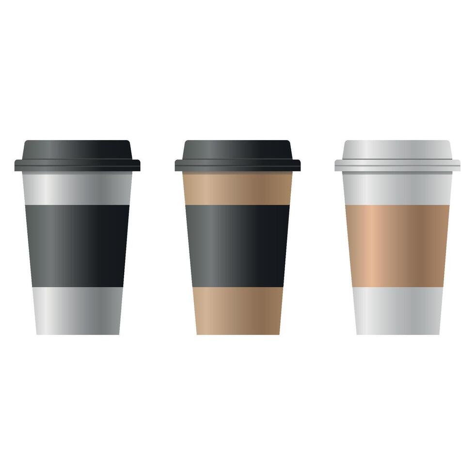 uppsättning av papper kaffe koppar på en vit bakgrund. kaffe kopp attrapp samling. illustration. vektor