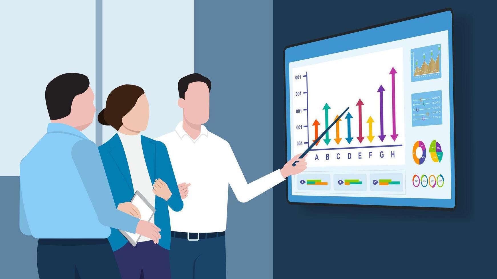 de chef av de företagets operationer presenterar på en möte. en olika team användningar en TV skärm den där visas data, statistik, diagram, och tillväxt analys. illustration eps10 vektor