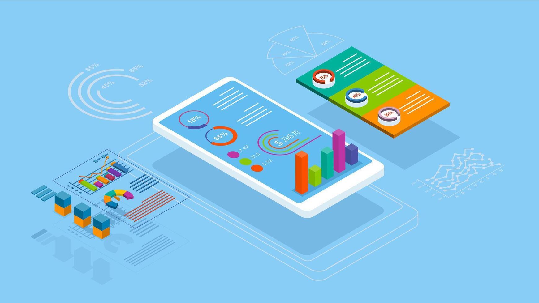 Ansökan av smartphone med marknadsföra trend analys, företag Graf, analys data och data visualisering. illustration eps10 vektor