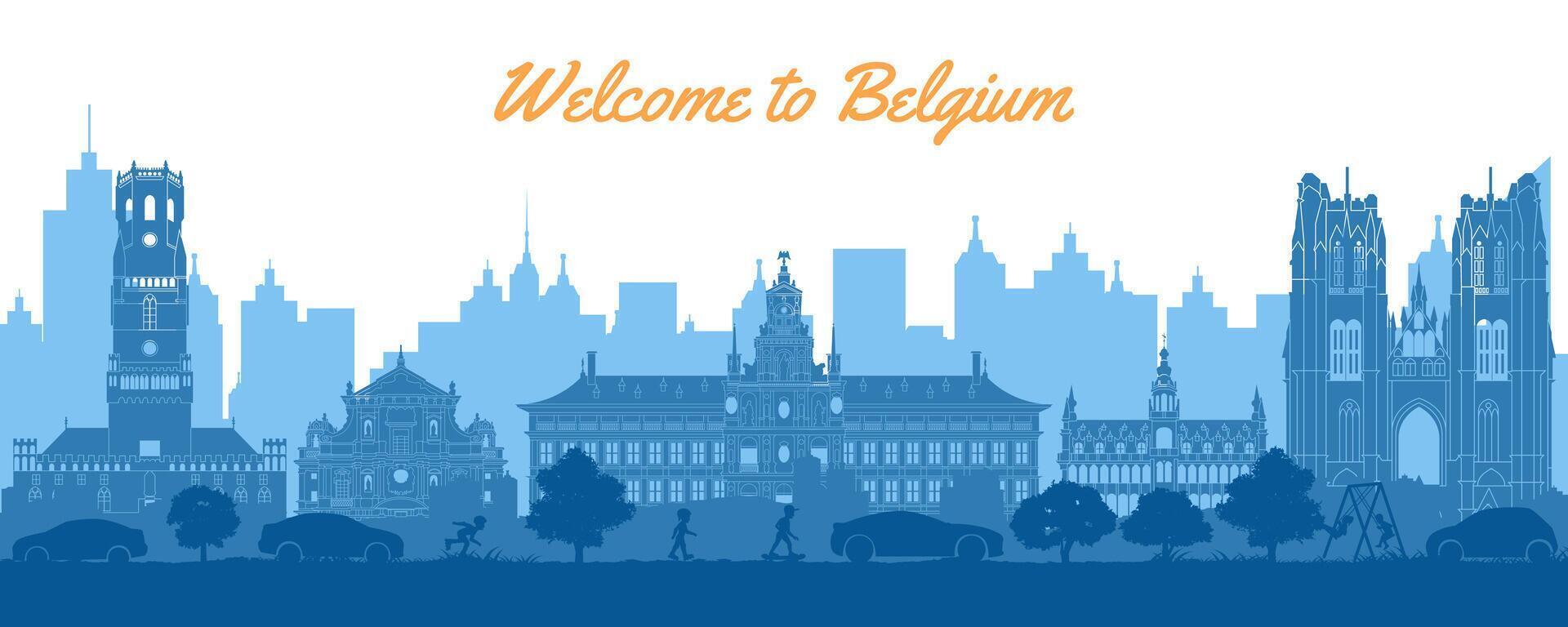 Belgien berühmt Sehenswürdigkeiten im Situation von Innenstadt durch Silhouette Stil vektor