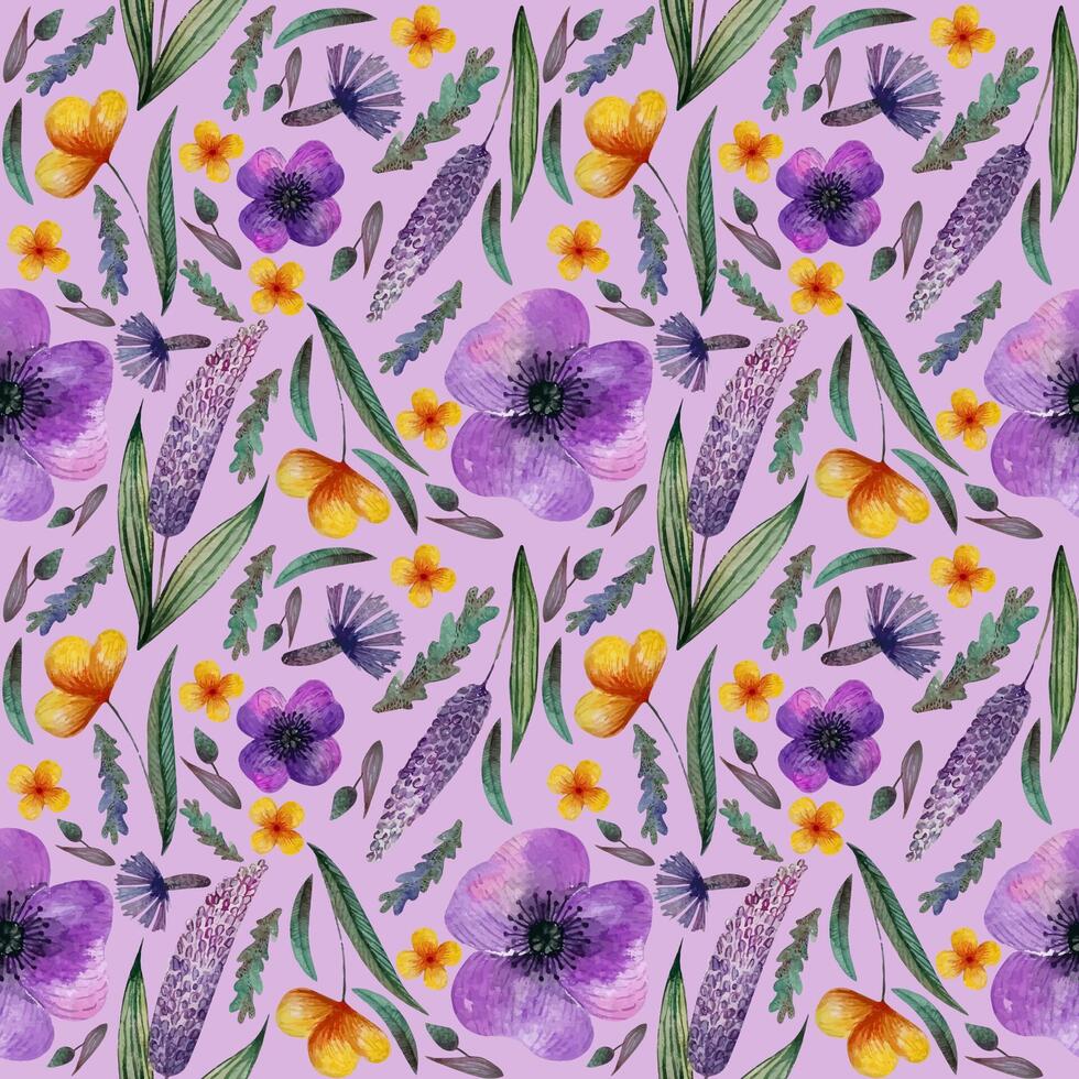 nahtlos Muster Wiese lila Gelb Blumen und Kräuter, Kornblumen, auf lila Hintergrund vektor
