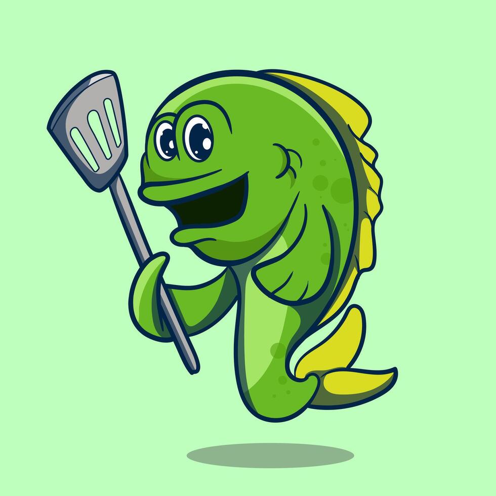 Koch Fisch Maskottchen Karikatur können Sein benutzt wie Maskottchen oder Teil von Logo. Meer Essen Logo Design. vektor