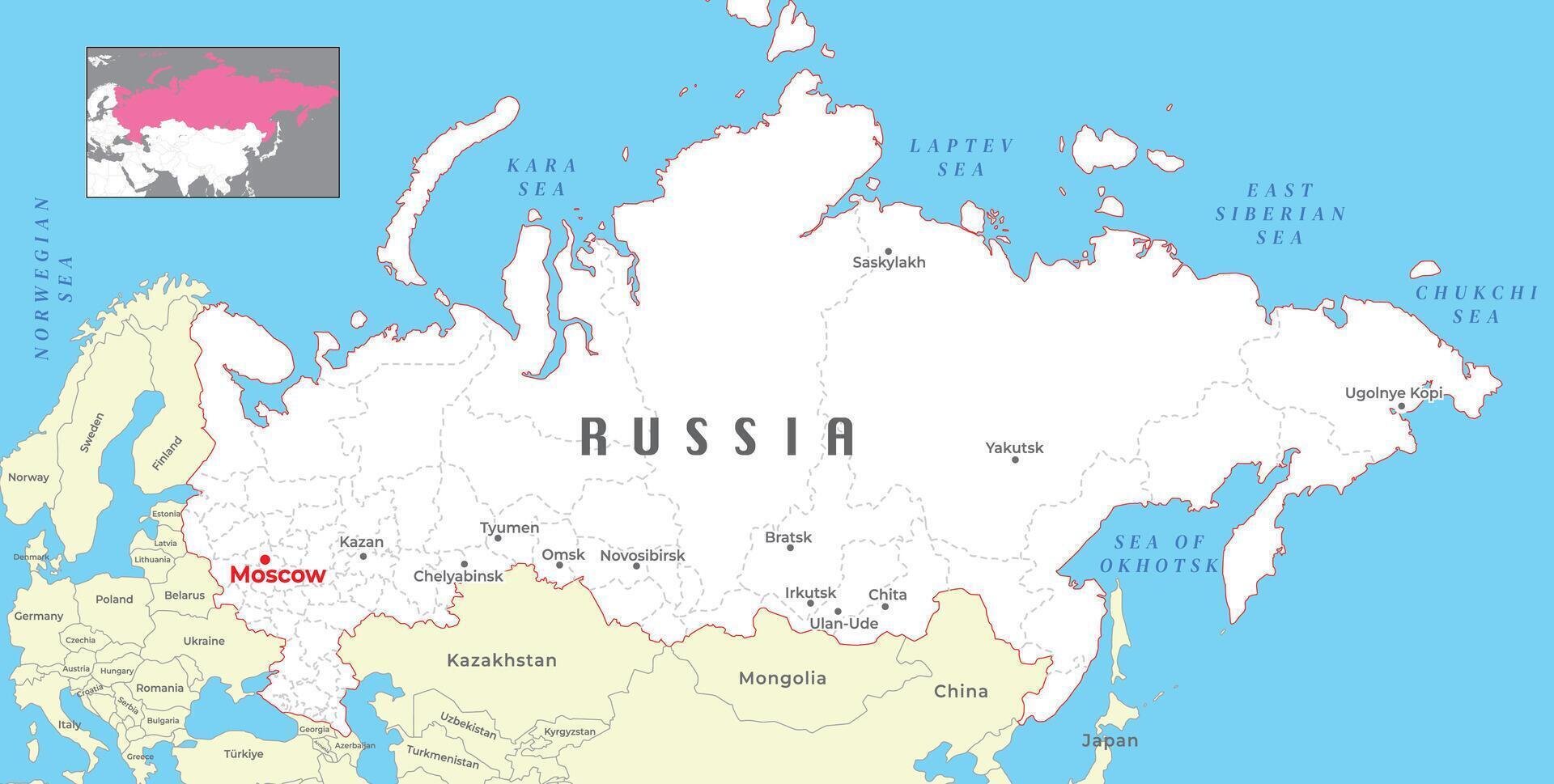 Russland politisch Karte mit Hauptstadt Moskau und National Grenzen, wichtig Städte vektor