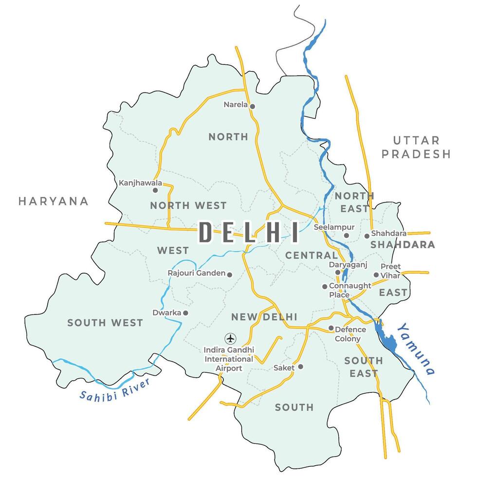 detailliert Karte von Delhi mit Kreis und wichtig setzt vektor