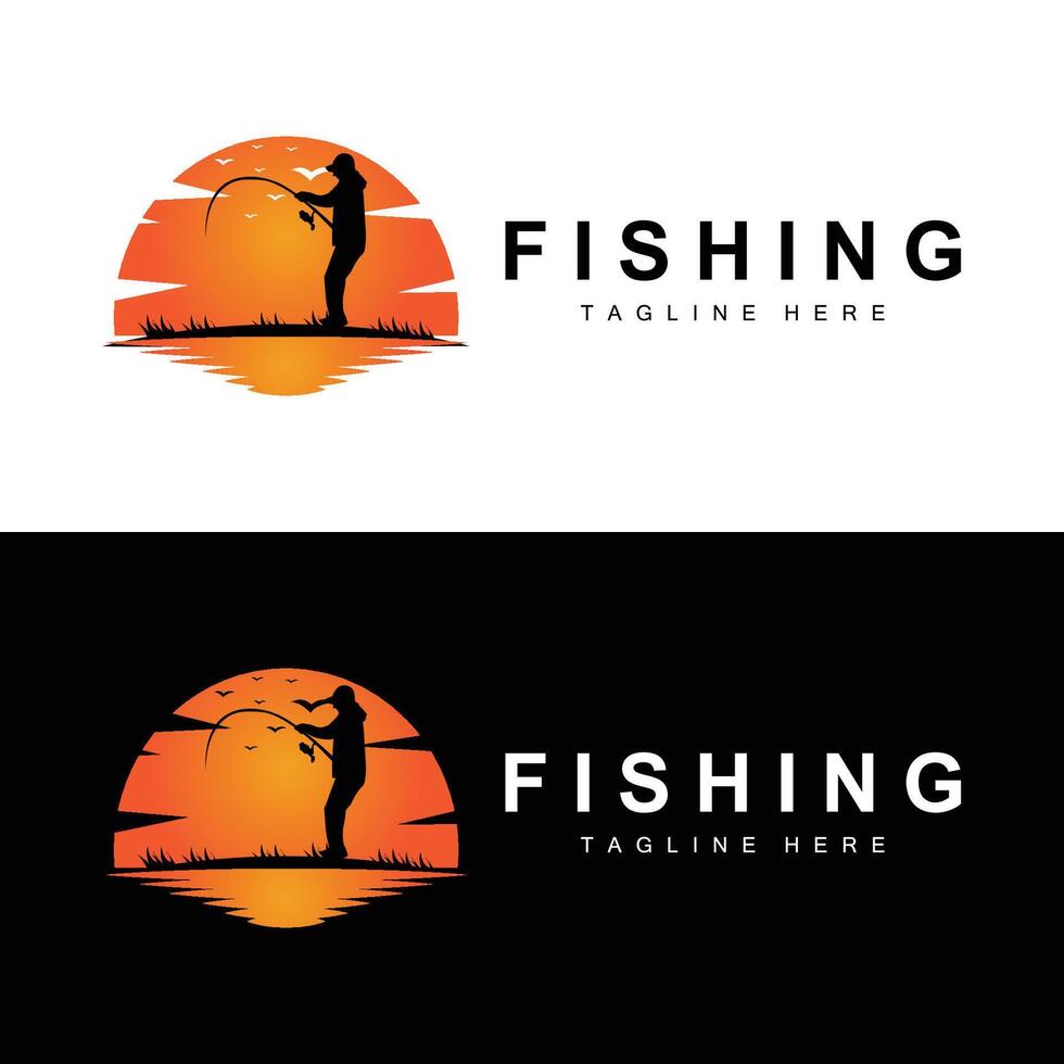fiske logotyp ikon , fånga fisk på de båt, utomhus- solnedgång silhuett design vektor