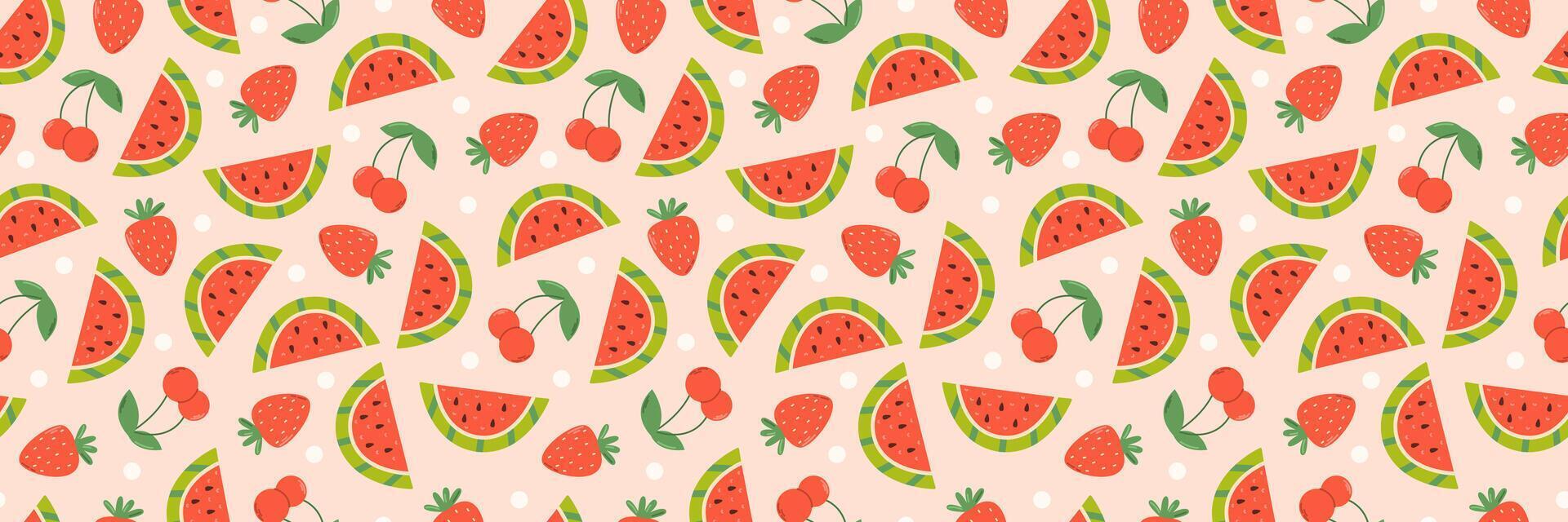 Wassermelone Scheiben, Erdbeere und Kirsche. Sommer- nahtlos Muster vektor