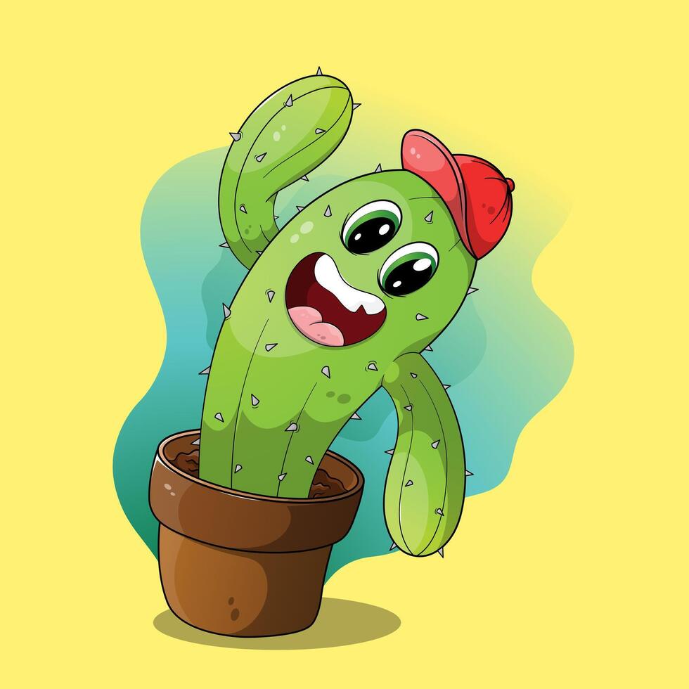 süß glücklich Karikatur Kaktus mit ein Hut im ein Pflanze Topf. kawaii saftig mit bunt Blau, Grün, und Gelb Hintergrund. vektor