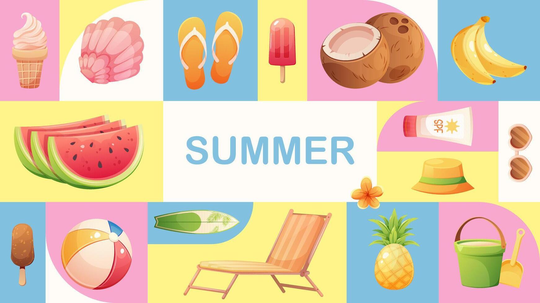 geometrisch Muster mit Sommer- Karikatur Symbole und Sommer- Beschriftung. Illustration zum Sommer- Verkauf, Rabatte, Hallo Sommer- vektor