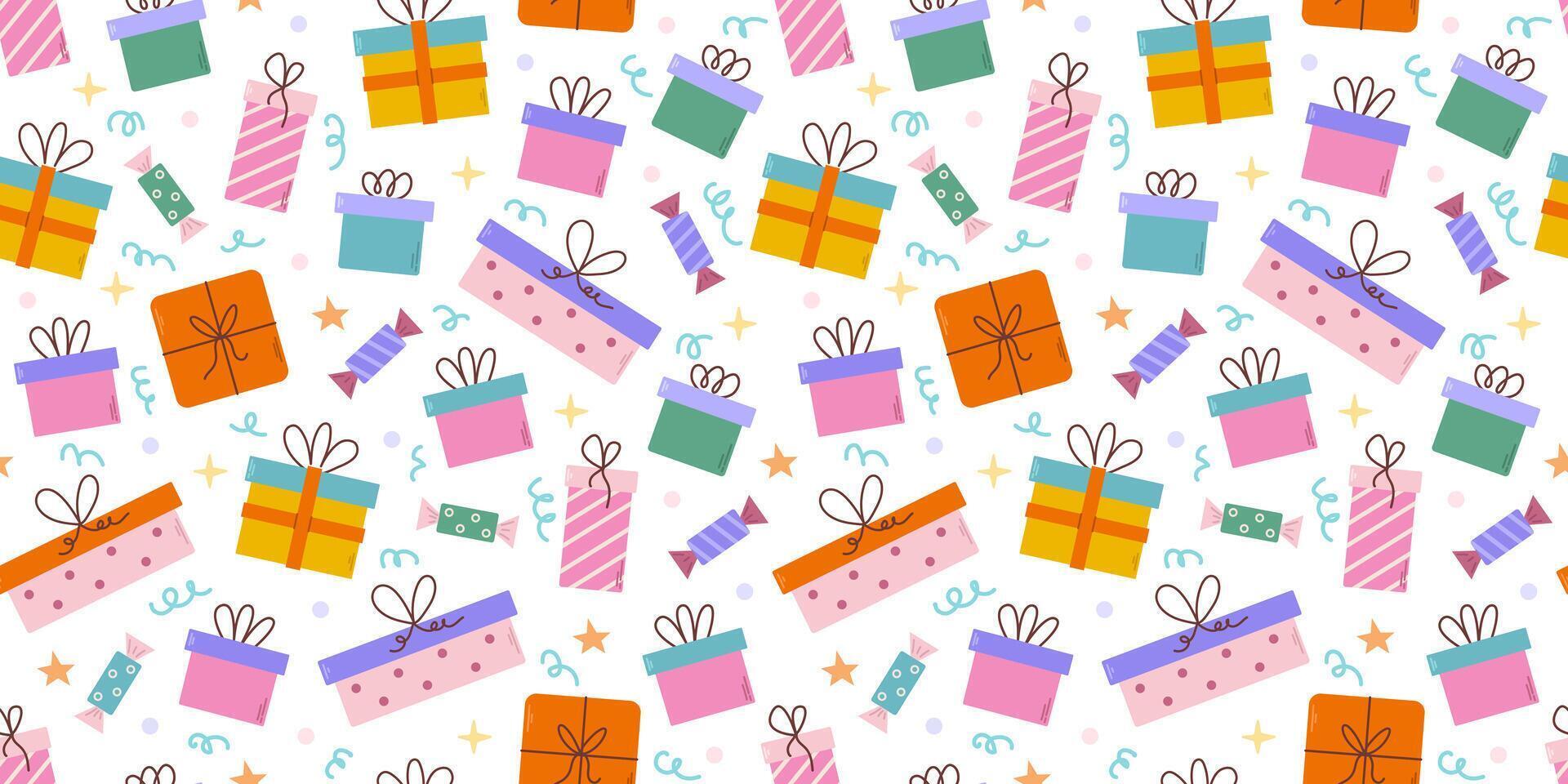 Geschenke nahtlos Muster. bunt Geschenk Kisten, Süßigkeiten, dekorativ Verpackung Papier, Geburtstag Party Hintergrund vektor