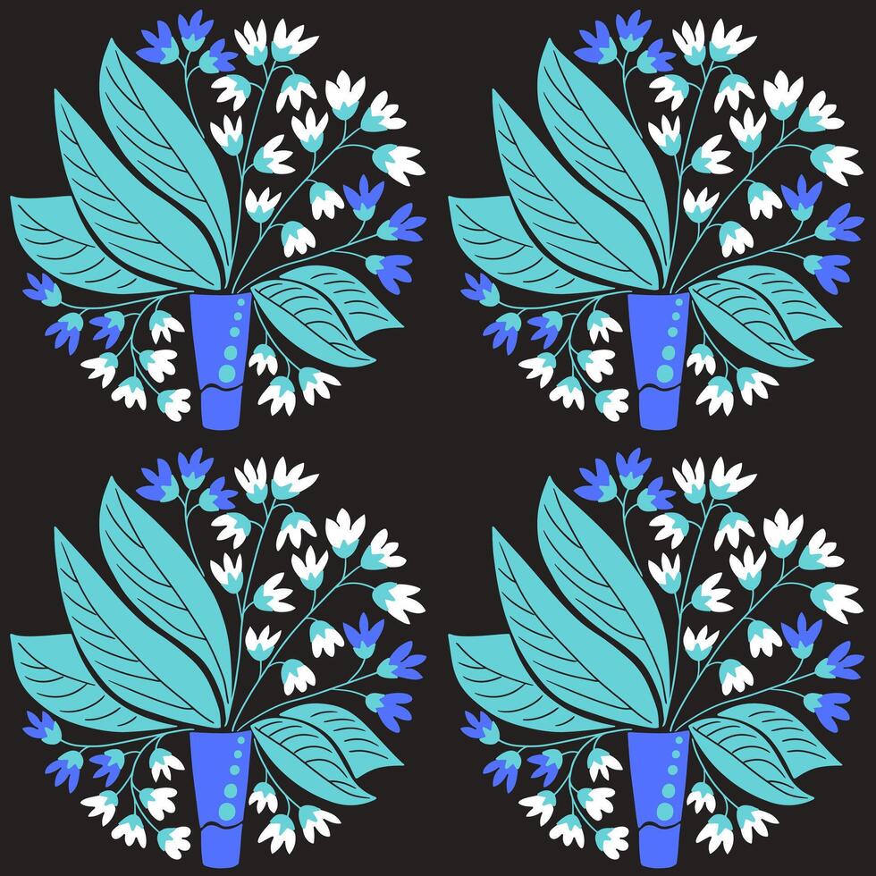 Kontrast nahtlos Muster mit abstrakt Blumen- Bündel im modern Vase und runden Form. dunkel Thema. modern drucken mit Natur Bündel auf schwarz Hintergrund. drucken Design zum Textil- vektor
