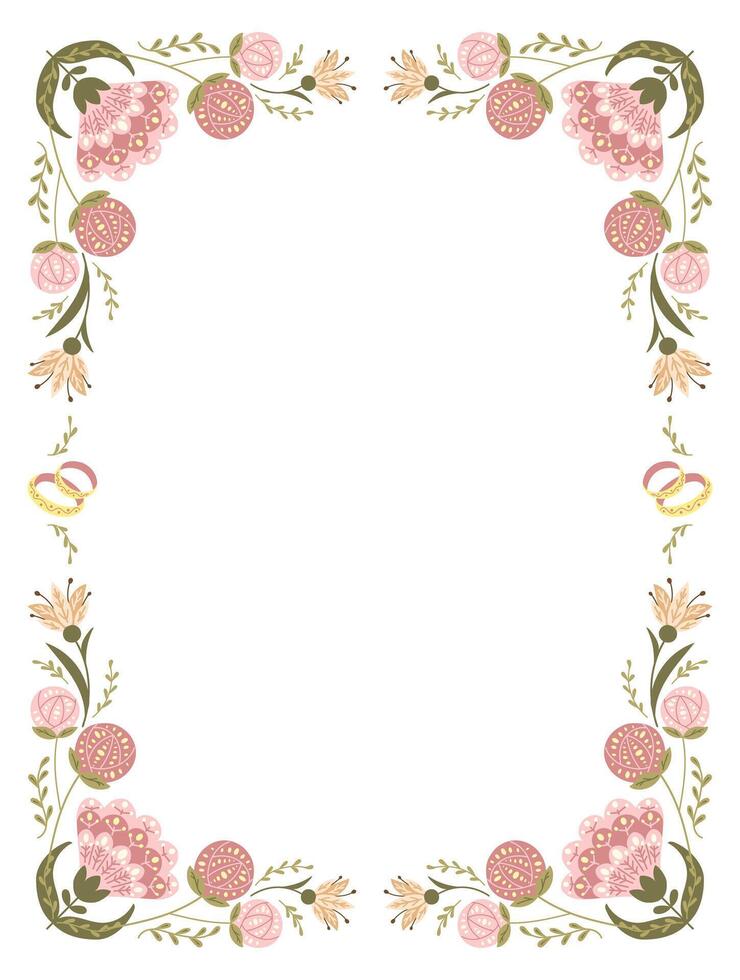 årgång botanisk bröllop inbjudan i platt folk stil med abstrakt blommor. blommig vertikal symmetrisk illustration i dämpad färger för bröllop. baner, kort mall isolerat på vit bakgrund vektor