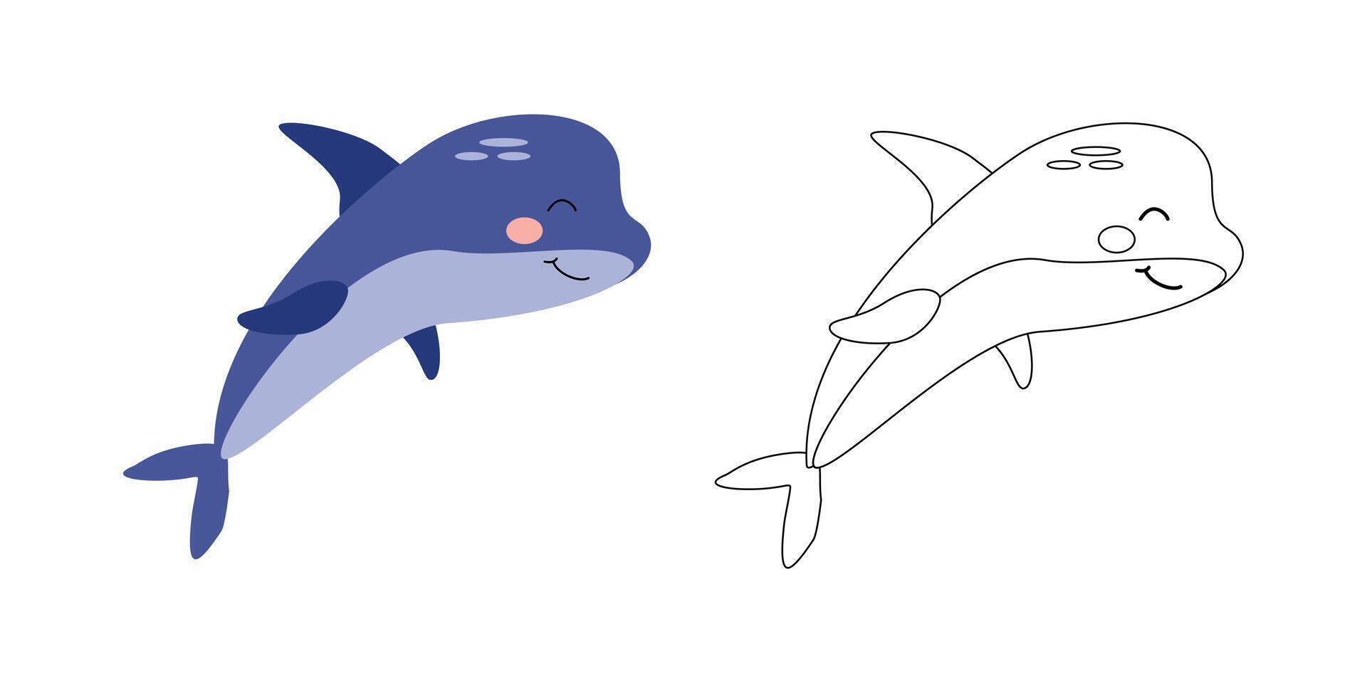 söt delfin karaktär, hav djur. tecknad serie illustration för barns färg böcker, översikt och exempel i Färg. vektor