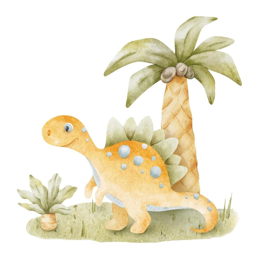 Orange Dinosaurier und Palmen im Wiese. isoliert Hand gezeichnet Aquarell Illustration von dino. Clip Art von Centrosaurus zum Kinder- Einladung Karten, Baby Dusche, Dekoration von Kinder Räume, Kleidung. vektor