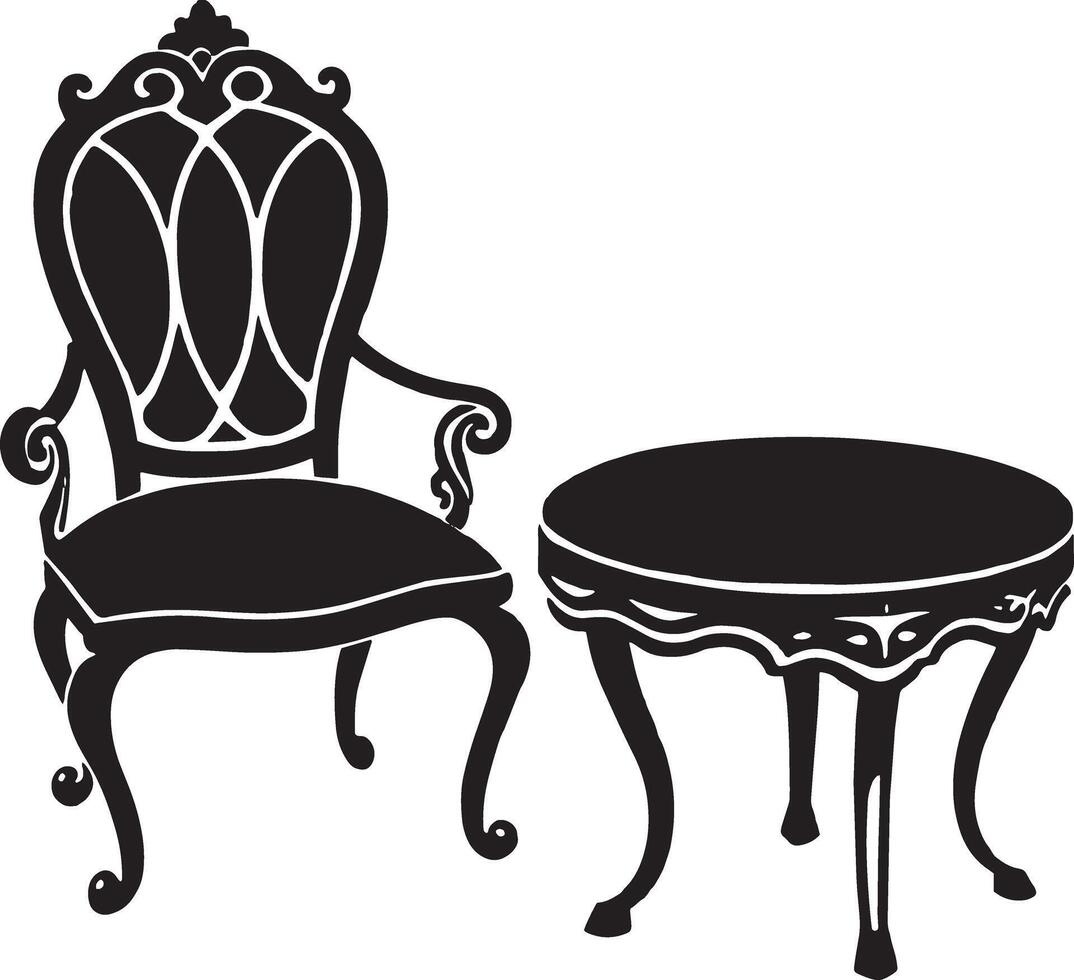 Sessel und Tisch. schwarz und Weiß Illustration isoliert auf Weiß Hintergrund vektor