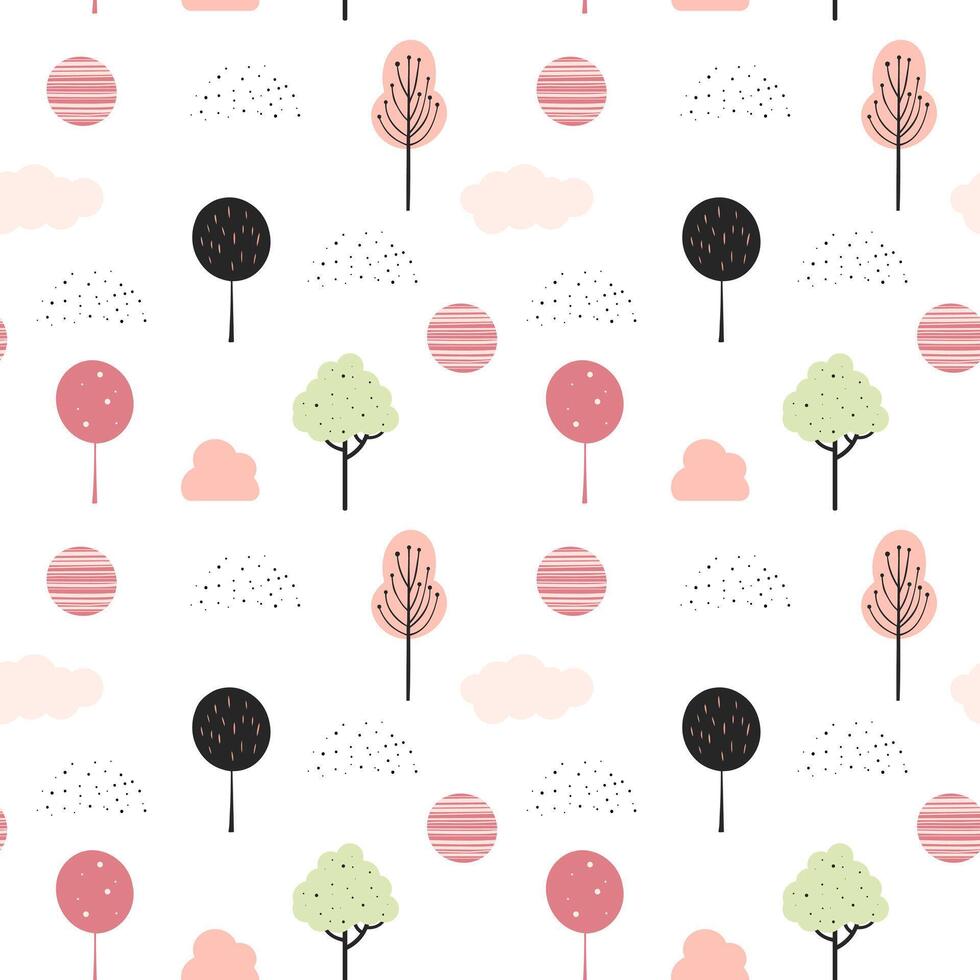 süß Fantasie Bäume nahtlos Muster. skandinavisch Frühling Bäume nahtlos Hintergrund vektor