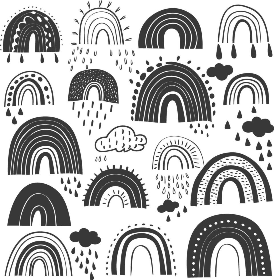 Silhouette verschiedene Regenbögen Gekritzel einstellen Hand gezeichnet schwarz Farbe nur vektor