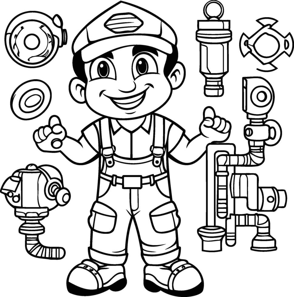 Karikatur Illustration von süß Kind Junge Konstruktion Arbeiter Charakter Färbung Buch vektor