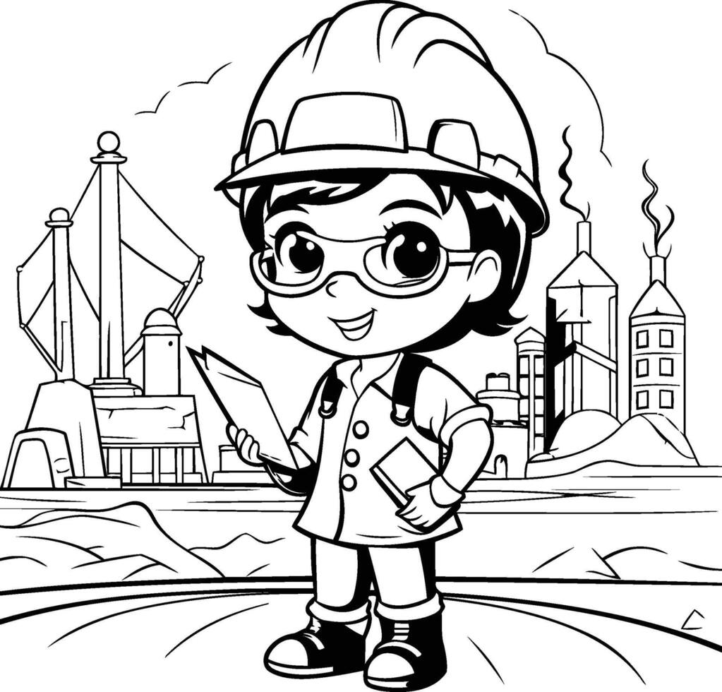 svart och vit tecknad serie illustration av liten pojke konstruktion arbetstagare eller ingenjör karaktär för färg bok vektor