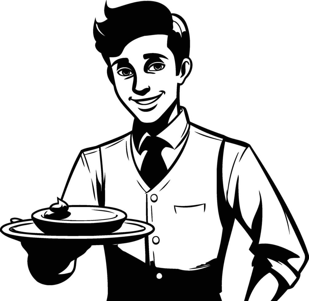 servitör med en bricka av mat. illustration i svart och vit. vektor